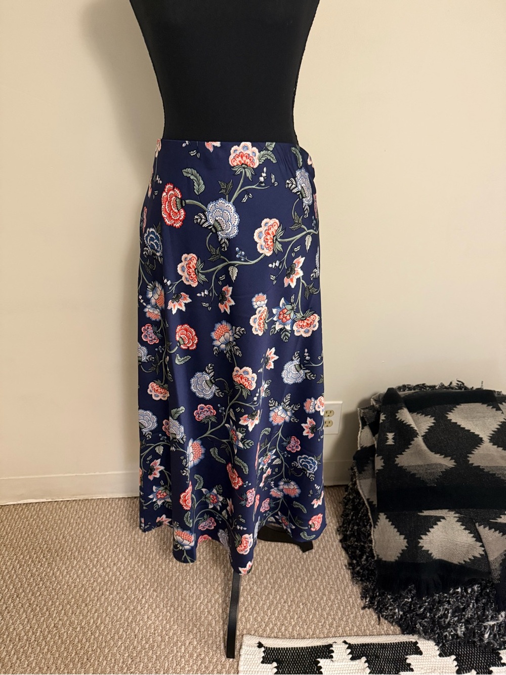 LOFT Navy Floral Maxi Skirt with Pink & White Blooms
